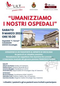 CASARANO, UN PIANOFORTE PER IL REPARTO DI ONCOLOGIA. LILT: “UMANIZZIAMO I NOSTRI OSPEDALI”
