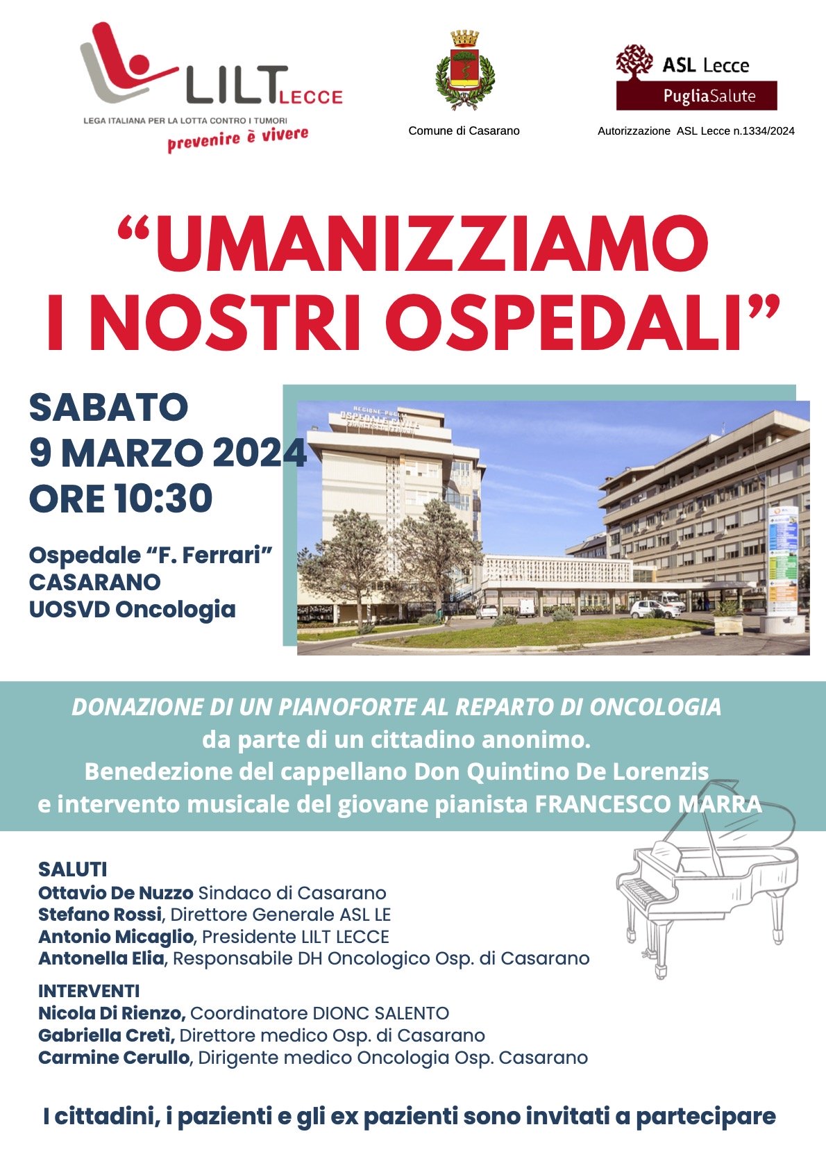 CASARANO, UN PIANOFORTE PER IL REPARTO DI ONCOLOGIA. LILT: “UMANIZZIAMO I NOSTRI OSPEDALI”